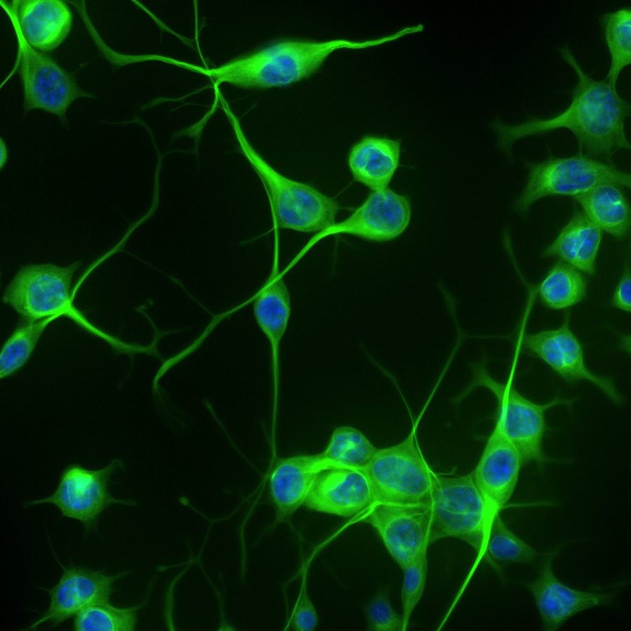 Differentiated neuronal cells with long neurites, tubulin in green and nuclei in blue