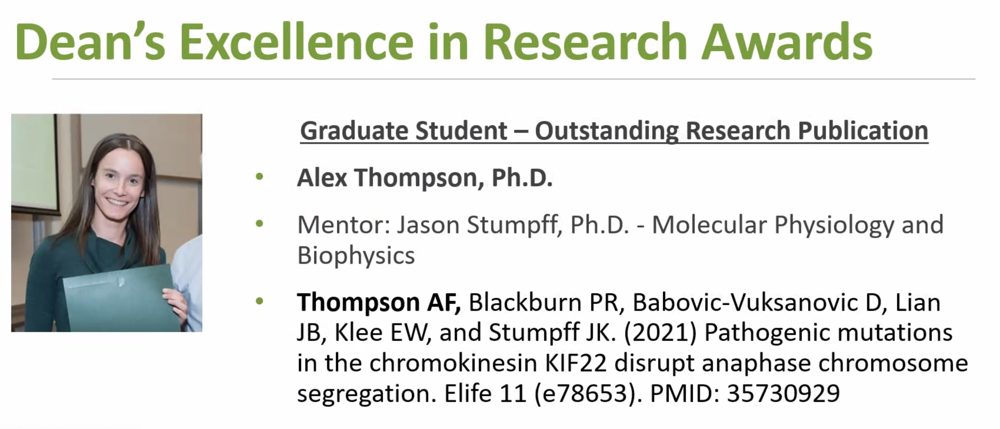 Award slide announcing Alex Thompson as the 2022 Outstanding Research Publication awardee