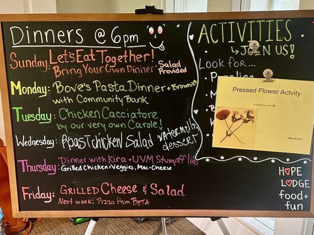 Hope Lodge chalkboard menu listing Thursday dinner with Kira and the UVM Stumpff lab